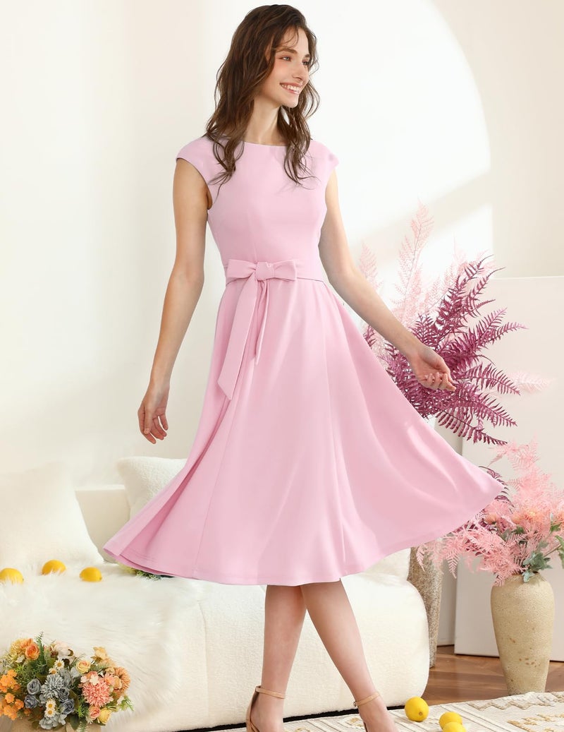 DRESSTELLS Cocktail Womens Dresses for Wedding Guest, Semi Formal Spring Easter Summer Vintage Tea Party Modest Western Church Midi Dress Pastel Pink L - Image 3